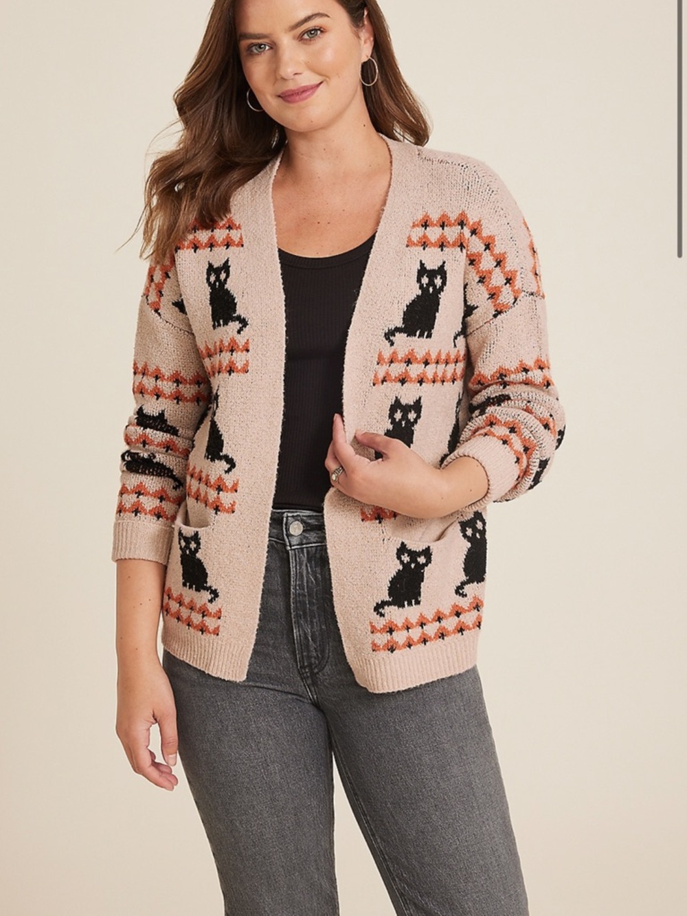 Maurices Cream Cat Print Cardigan with Black and Orange Accents (Discontinued)